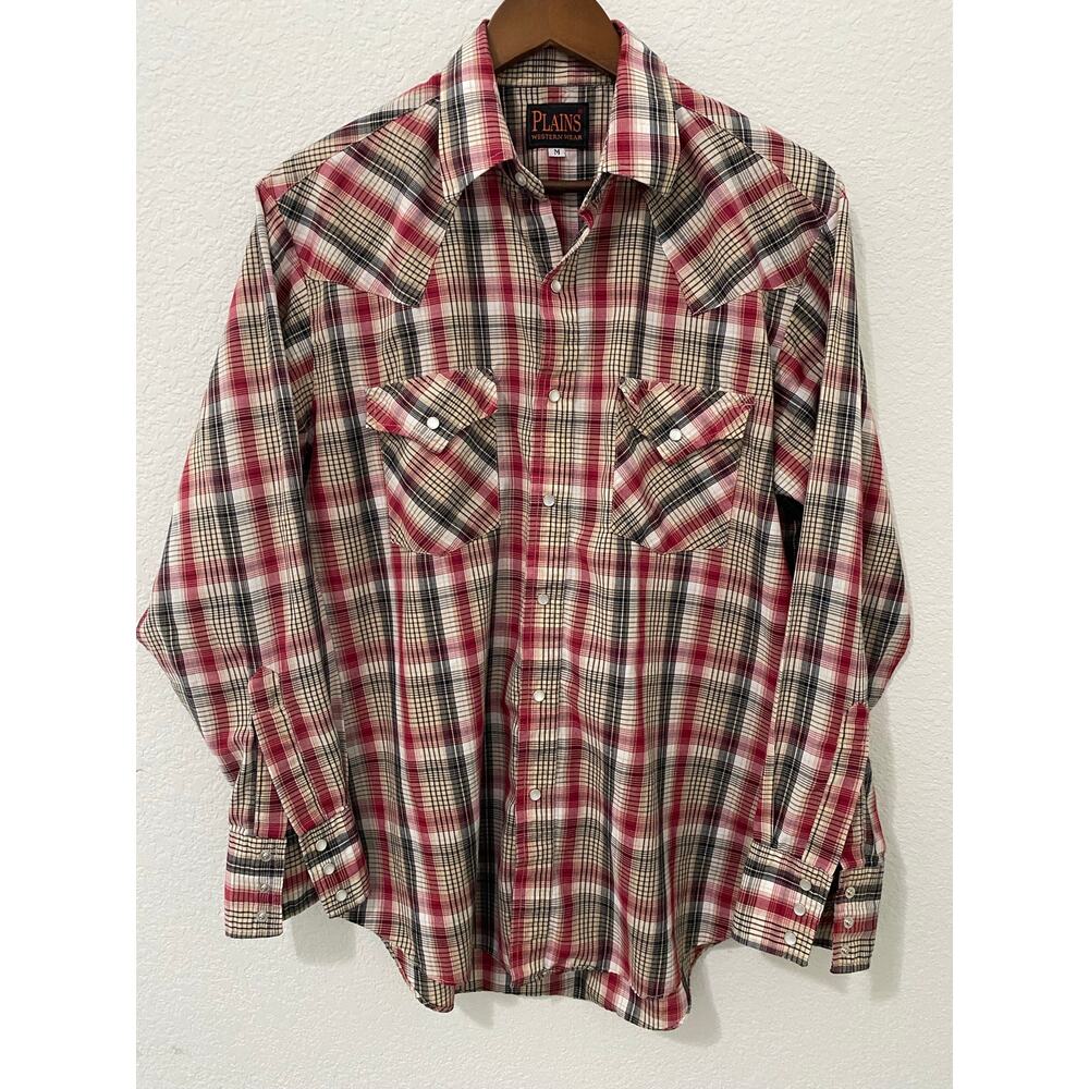 Plains Western Wear Mens Shirt M Long Sleeve Pearl Snap Red Plaid